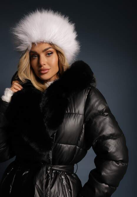 Czarna Kurtka Pikowana Długa Płaszcz z Imitacji Skóry z Futerkiem Flechie