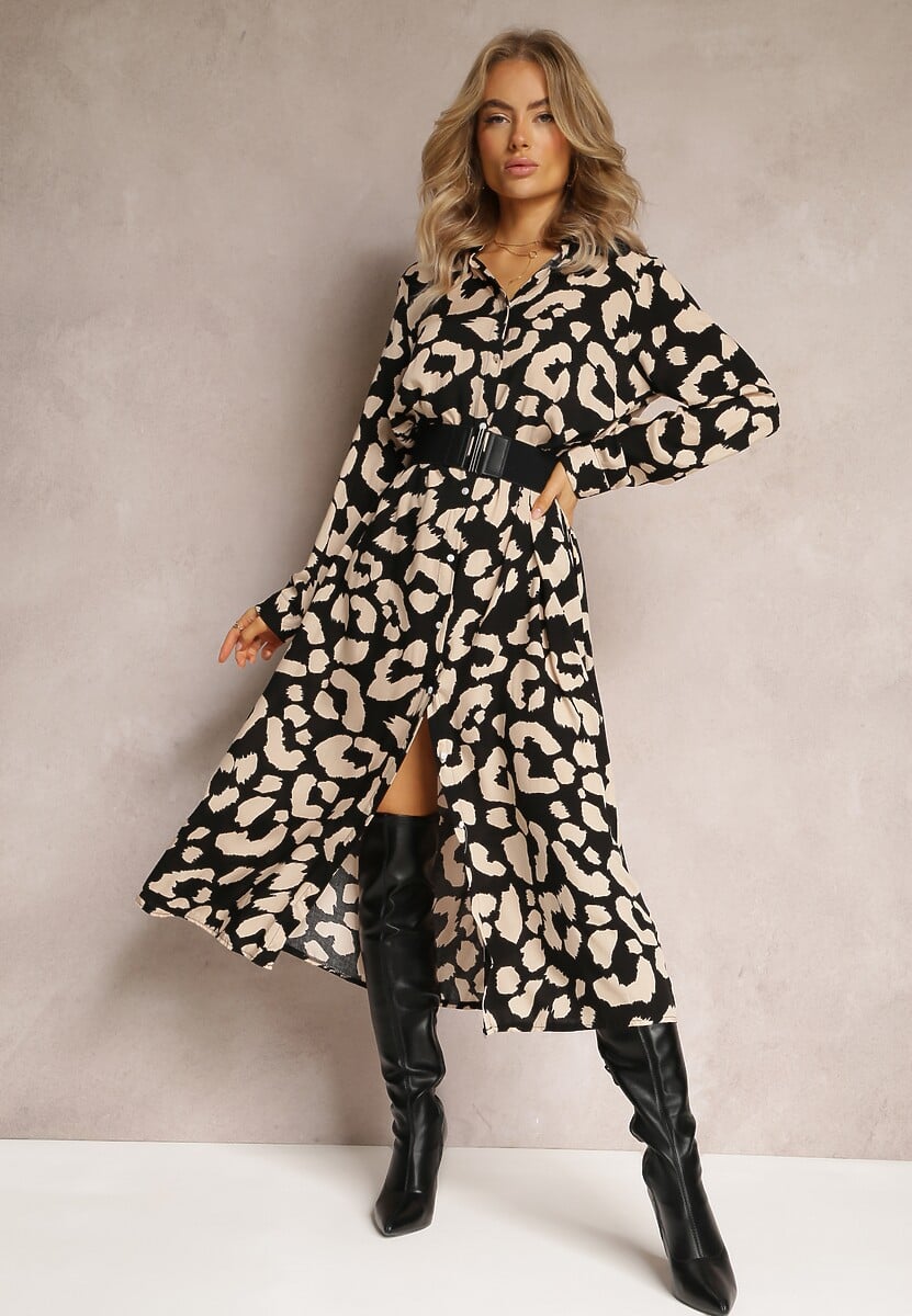Czarna Sukienka Koszulowa w Cętki z Paskiem Canahy