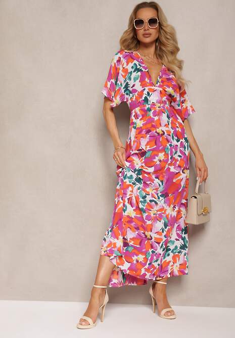 Biało-Różowa Kwiecista Sukienka o Rozkloszowanym Fasonie z Rozcięciami po Bokach Moariel