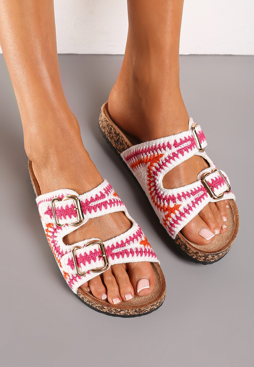 Biało-Różowe Klapki Ozdobione Wzorem na Szydełku z Korkową Grubą Podeszwą i Klamrami Kanthe