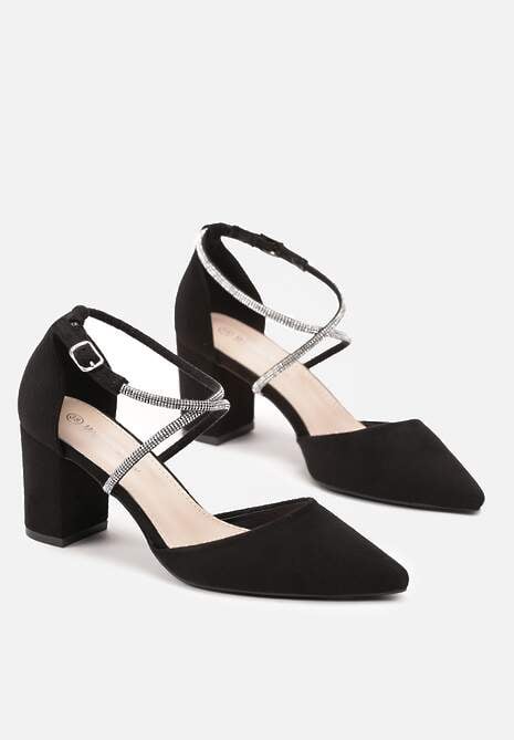 Czarne Czółenka na Słupku z Noskiem w Szpic z Ozdobnymi Cyrkoniami i Sprzączką Trelive