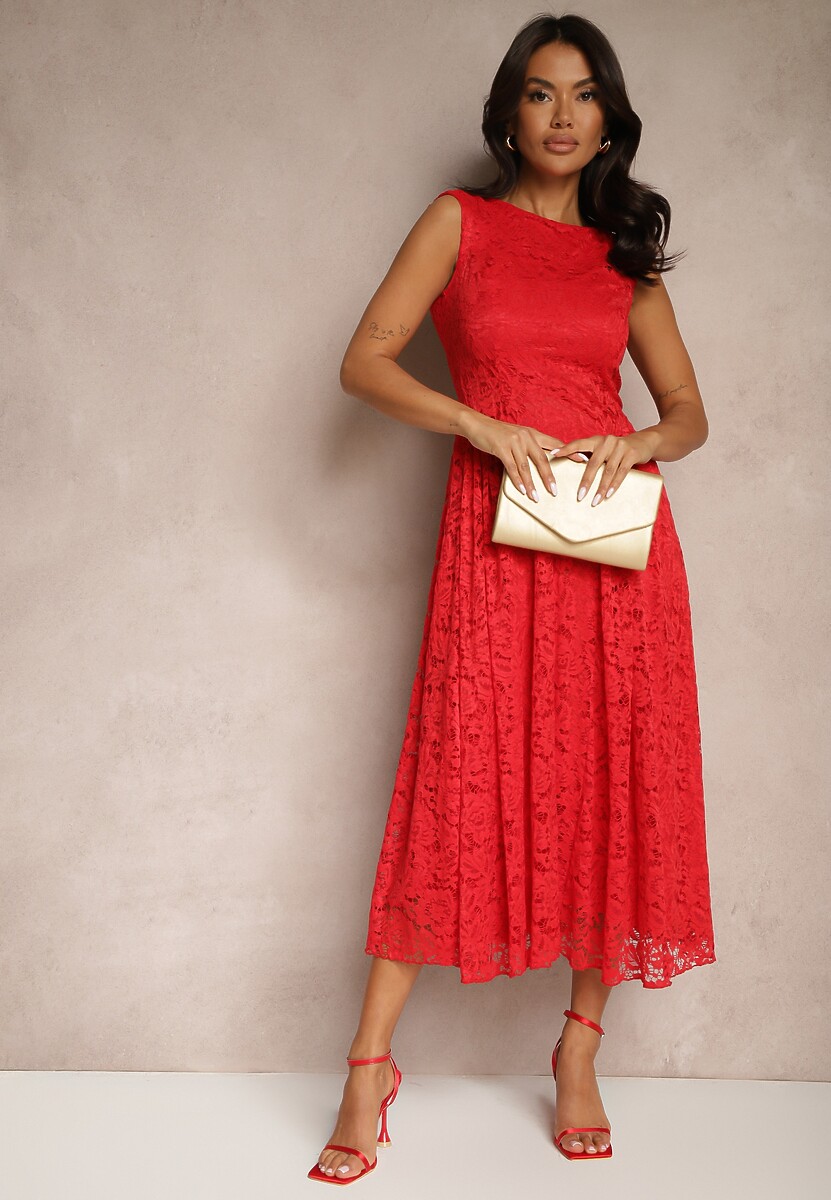Czerwona Rozkloszowana Sukienka z Koronki z Wycięciem na Plecach Meltewia