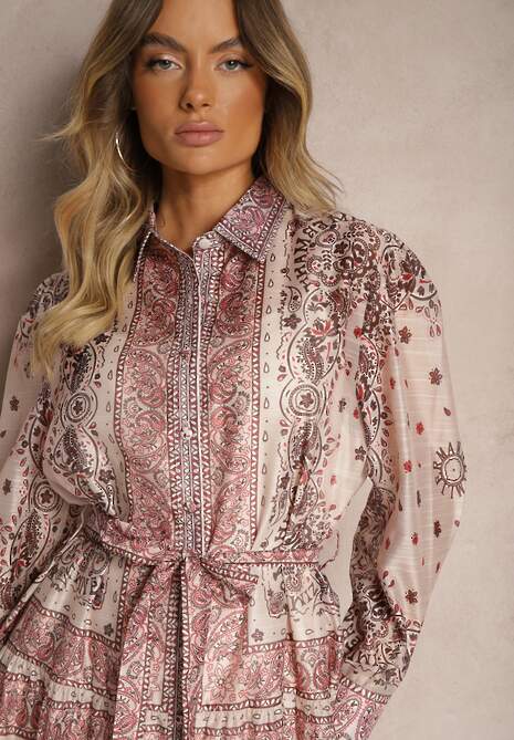 Beżowa Sukienka o Rozkloszowanym Kroju Koszulowym z Bawełną i Paskiem Merichelle