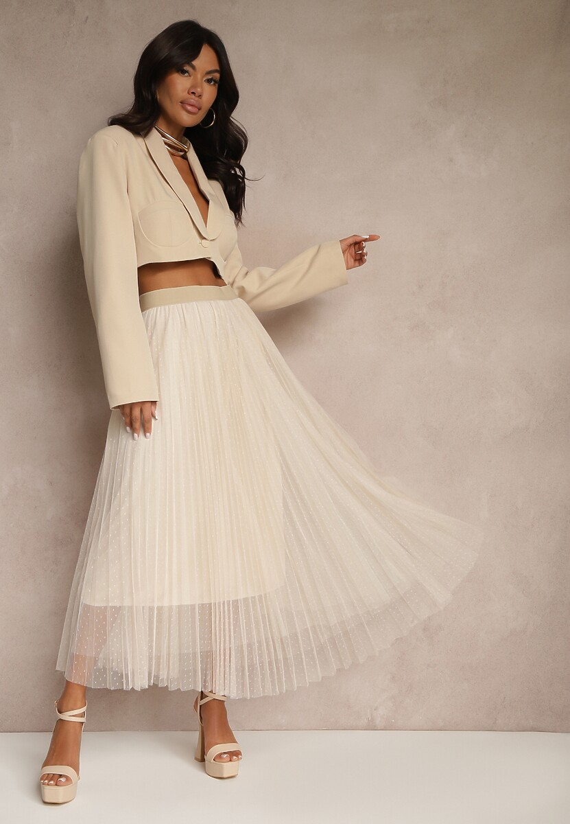 Biała Rozkloszowana Spódnica z Tiulu w Kropki Folemia