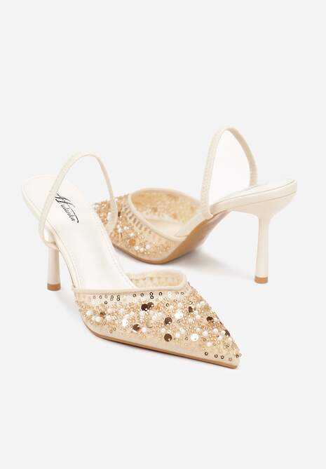 Beżowe Szpilki Slingback Zdobione Perełkami i Cekinami Irifera