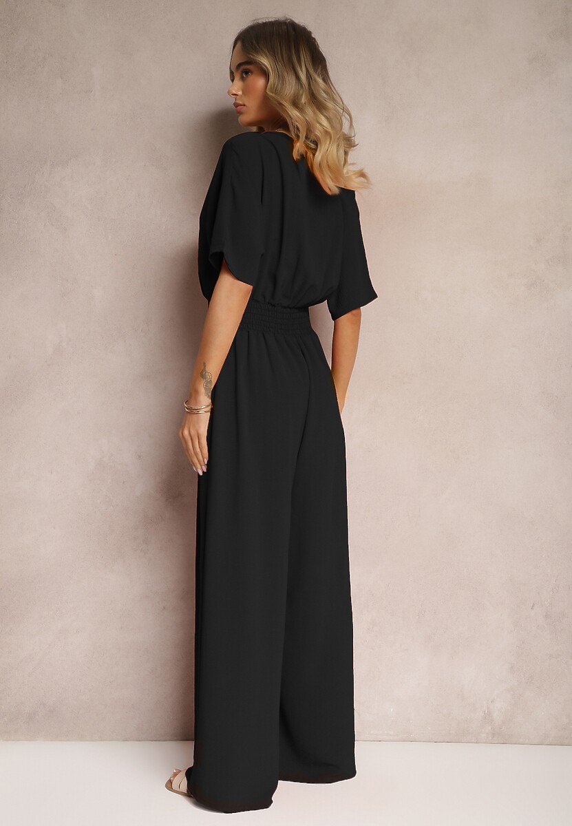 Czarny Taliowany Kombinezon z Zakładkowym Dekoltem i Gumką w Pasie Vimalynna