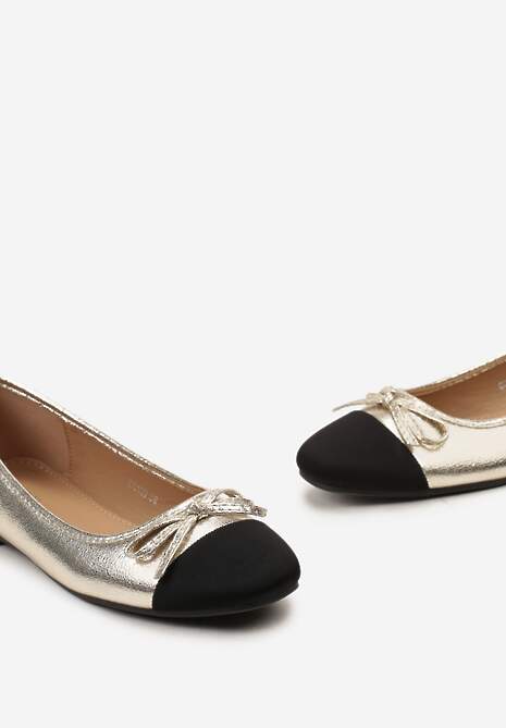 Złote Połyskujące Balerinki z Brokatową Kokardką i Kontrastowym Noskiem Saisa