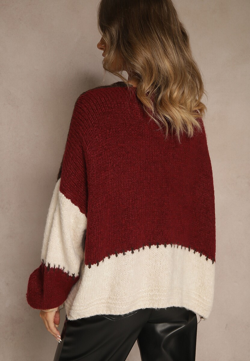 Bordowy Kardigan z Domieszką Wełny i Wiskozy w Patchworkowym Stylu Fesolinne