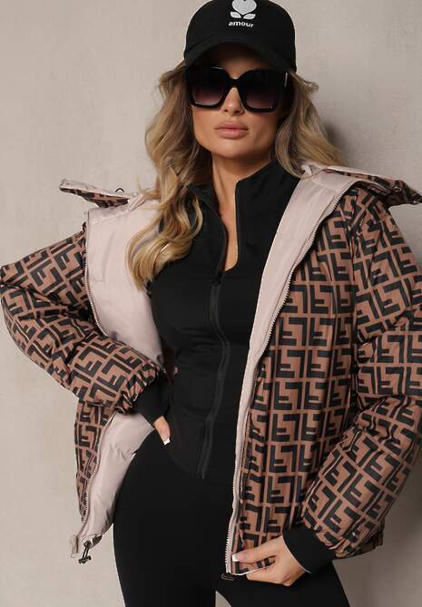 Beżowa Casualowa Kurtka Dwustronna Typu Puffer ze Ściągaczami i Kapturem Erisalanne