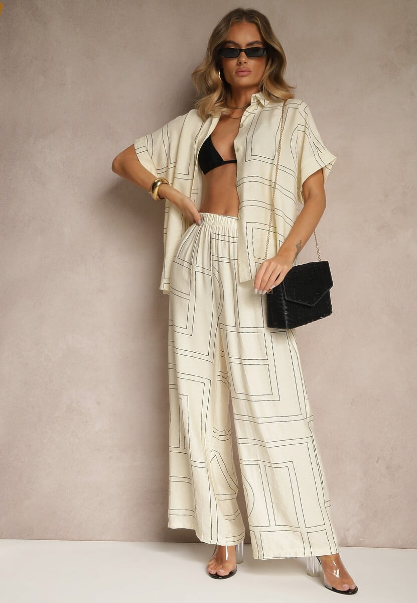 Jasnobeżowy Komplet z Wiskozą i Lnem Spodnie i Koszula z Geometrycznym Motywem Fevalette