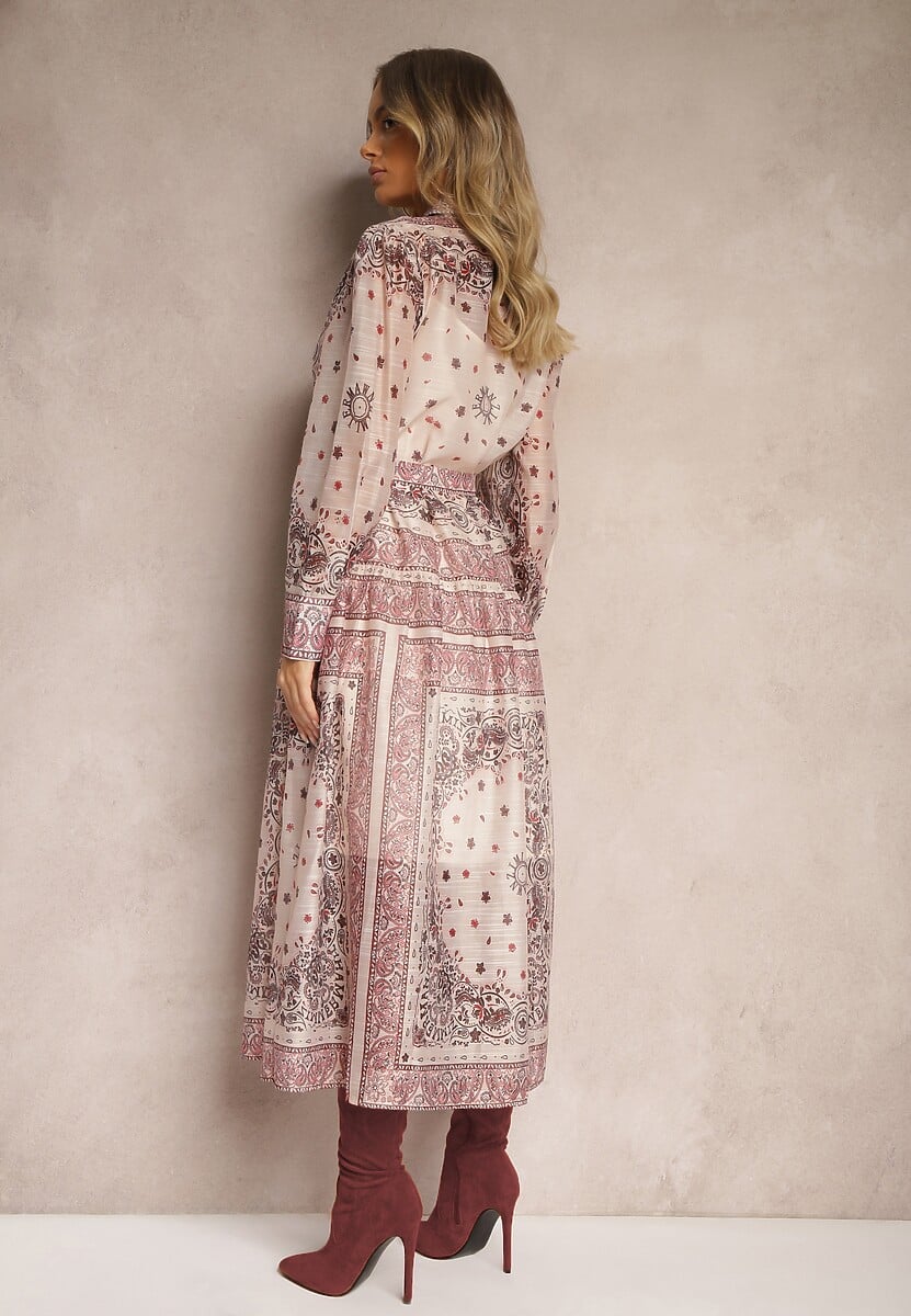 Beżowa Sukienka o Rozkloszowanym Kroju Koszulowym z Bawełną i Paskiem Merichelle