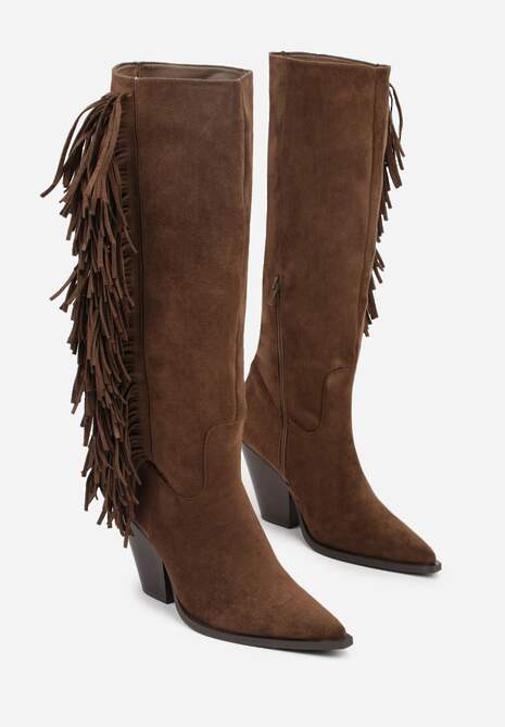 Brązowe Kozaki Kowbojki z Imitacji Zamszu z Frędzlami i Stożkowym Obcasem Rafilea