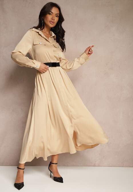 Beżowa Satynowa Sukienka w Stylu Szmizjerki z Imitacjami Kieszeni i Paskiem Vaminay