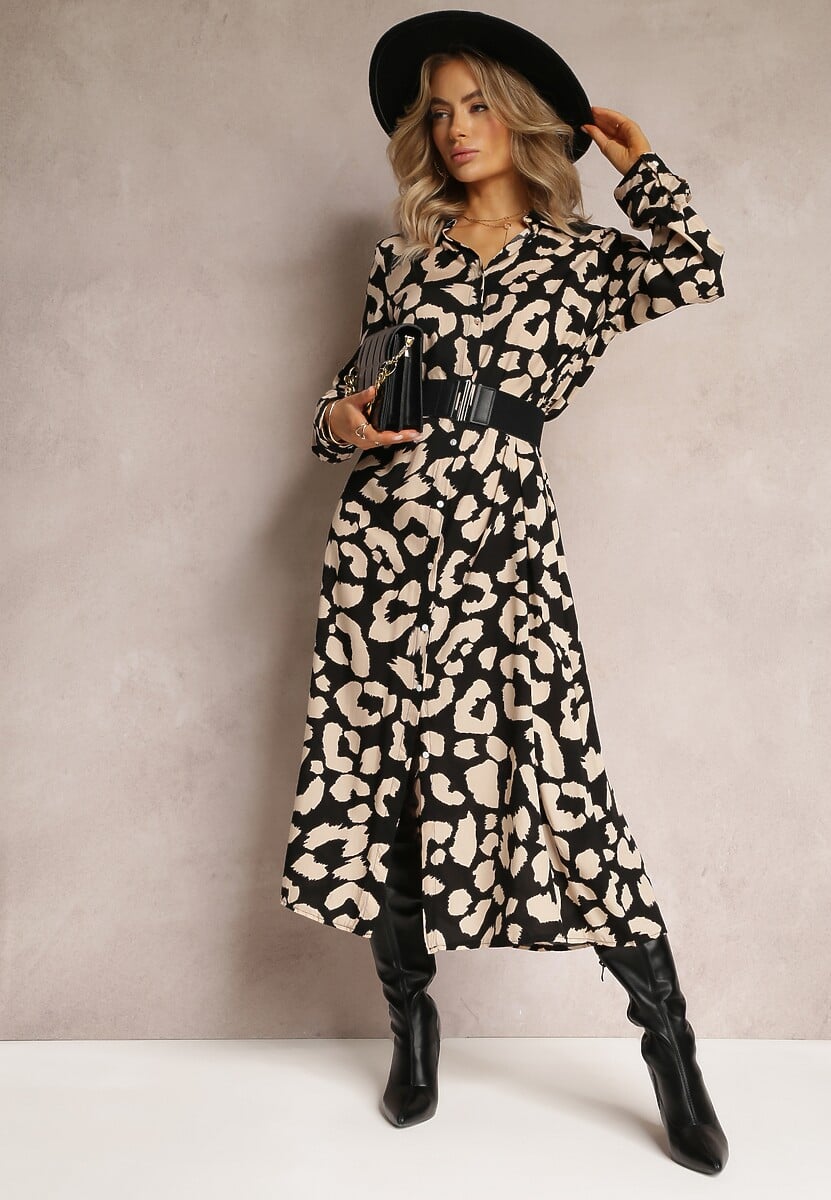Czarna Sukienka Koszulowa w Cętki z Paskiem Canahy