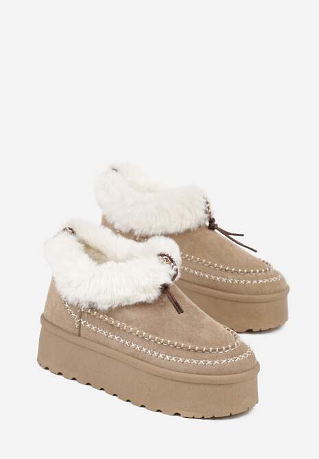 Ciemnobeżowe Śniegowce na Platformie Ozdobione Futerkiem i Przeszyciami Linerva