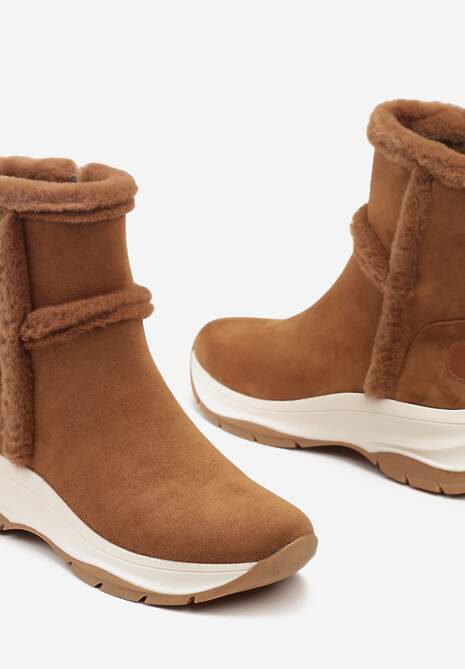 Brązowe Botki na Platformie z Tłoczeniem Ozdobione Futerkiem Lemivra