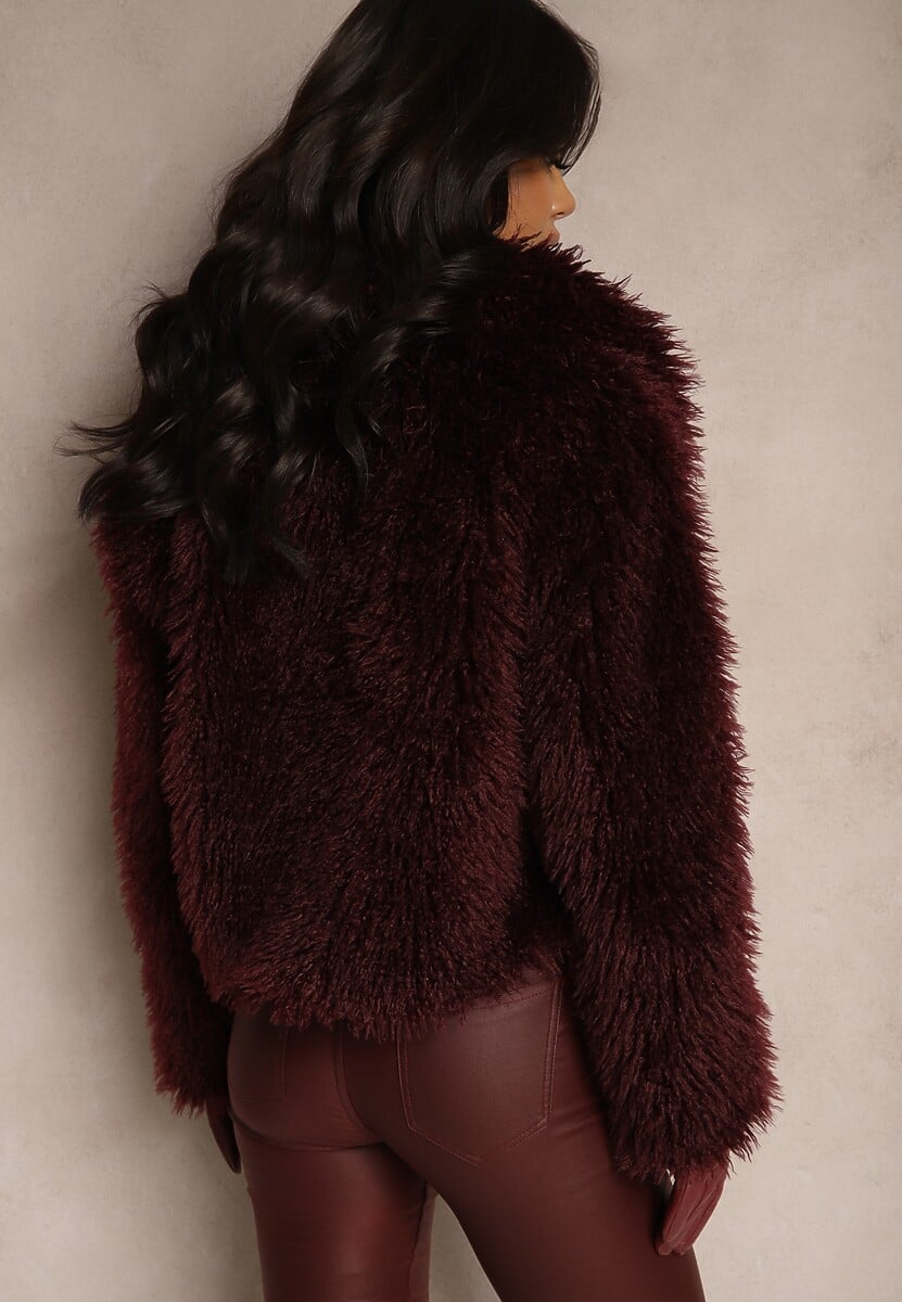 Bordowa Krótka Kurtka Futerko z Szerokim Kołnierzem Areti