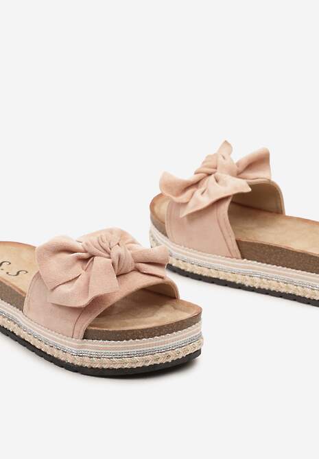 Różowe Casualowe Klapki na Płaskiej Ozdobnej Podeszwie z Kokardką Gladiara