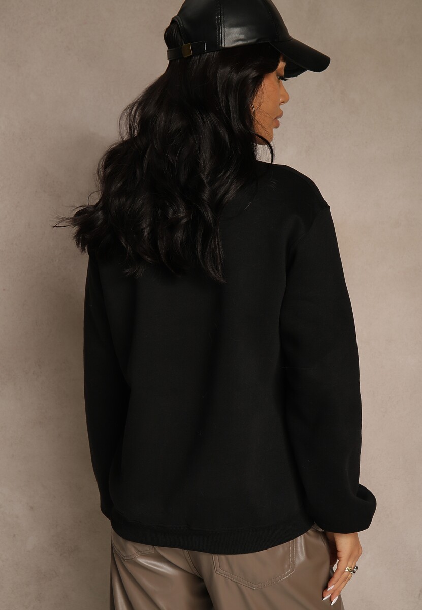 Czarna Bluza z Bawełną i Przeszyciami przy Dekolcie Fezanna