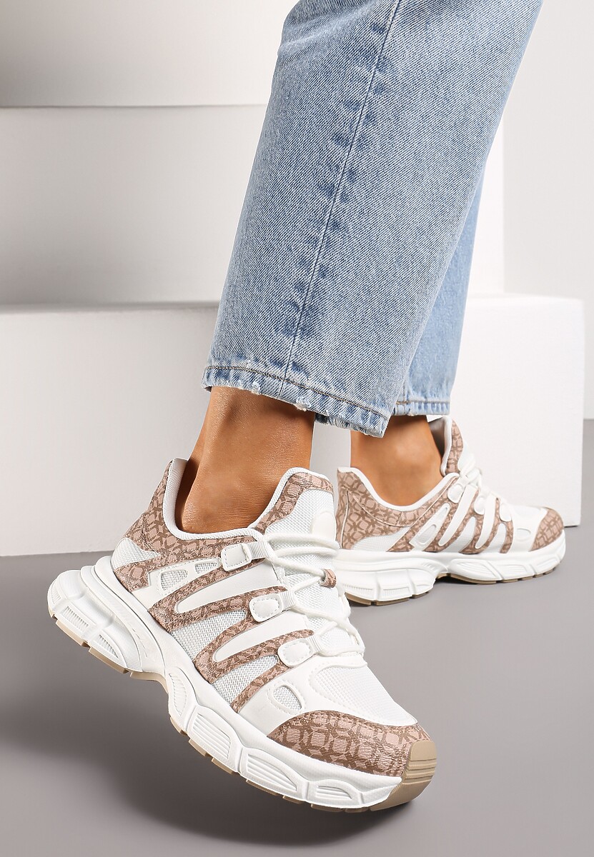 Ciemnobeżowe Sneakersy Ozdobione Tłoczeniem i Wstawkami Keladavia