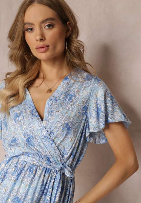 Niebieska Wiskozowa Sukienka z Metalicznym Wzorem i Gumką w Pasie Carinalia