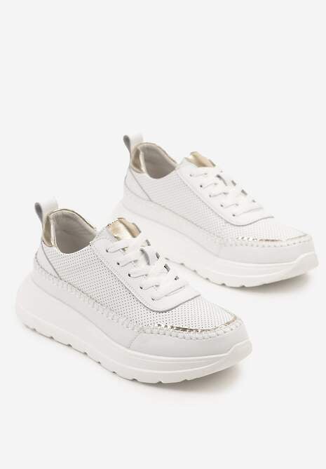 Biało-Złote Sneakersy Skórzane Ozdobione Metalicznymi Wstawkami i Przeszyciami Renosa
