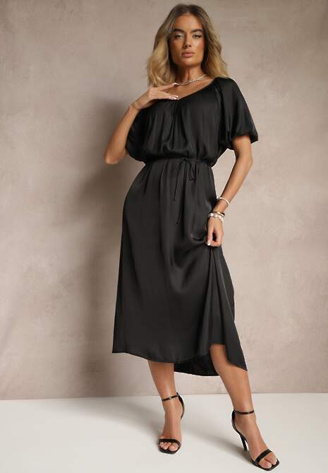 Czarna Taliowana Sukienka Pudełkowa ze Sznurkiem w Pasie z Dekoltem w Łódkę Sonadoreta