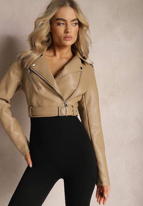 Beżowa Kurtka Ramoneska z Imitacji Skóry z Suwakami Raspellia