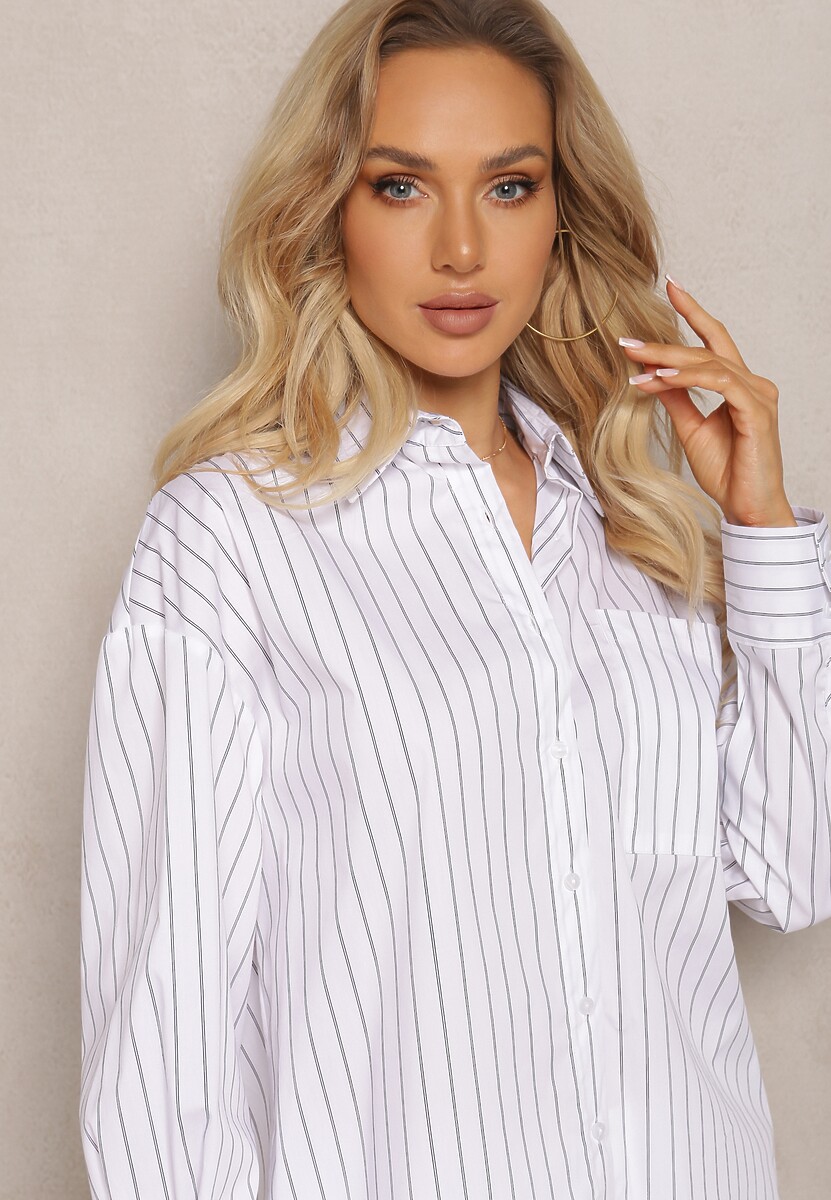 Biała Klasyczna Koszula Ozdobiona Wzorem w Paseczki Anizel