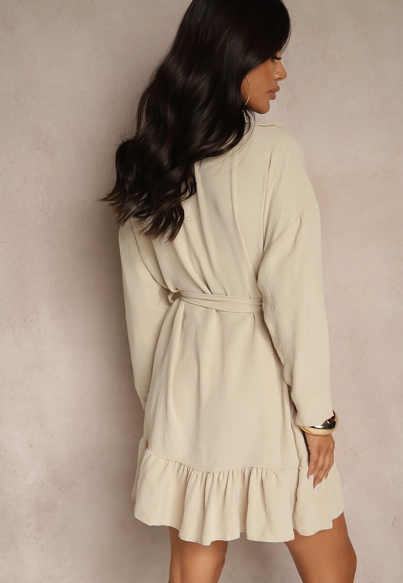 Beżowa Sukienka Koszulowa z Falbanką i Wiązanym Paskiem Neitra
