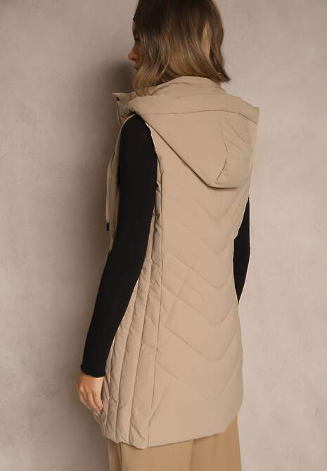 Ciemnobeżowa Pikowana Kamizelka o Taliowanym Kroju z Kapturem Tulonea
