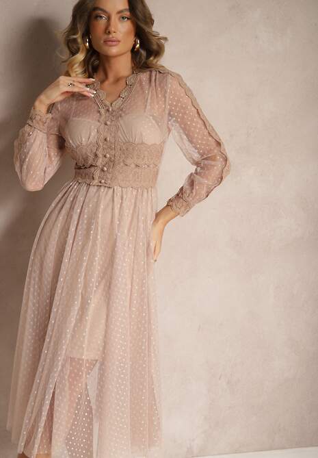 Beżowa Rozkloszowana Sukienka Midi z Tiulu z Koronką Rislaine