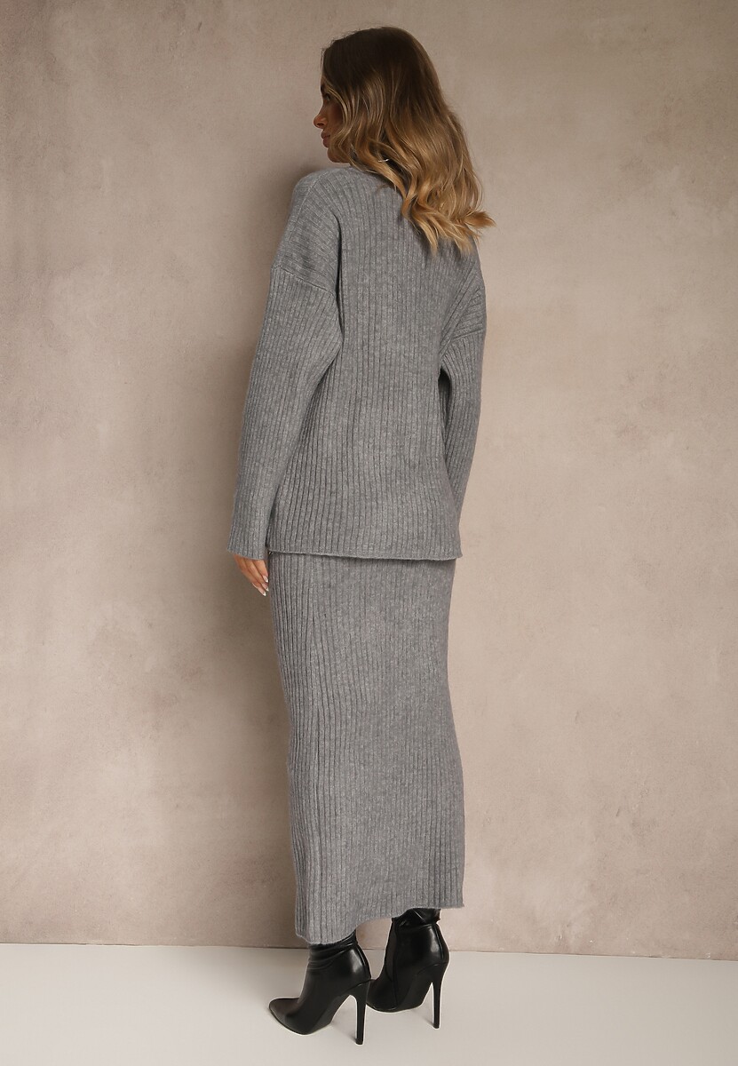 Szary Komplet z Dzianiny z Wełną w Prążki Golf i Ołówkowa Spódnica Falirea