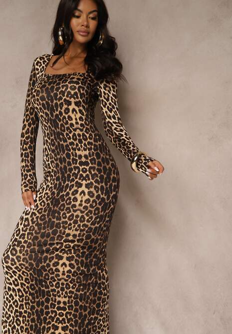 Brązowa Dopasowana Sukienka Maxi z Kwadratowym Dekoltem Fioral