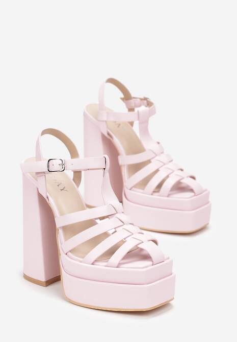 Jasnoróżowe Sandały na Wysokim Słupku i Platformie z Kwadratowym Noskiem i Sprzączką Lakota