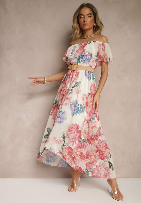 Różowa Sukienka Hiszpanka z Kwiatowym Wzorem i Plecionym Paskiem Sadeene