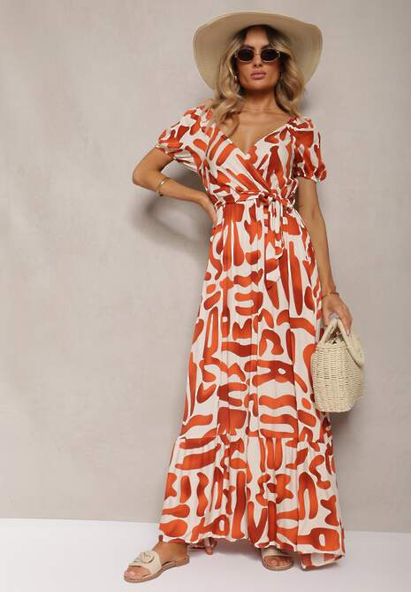 Pomarańczowa Sukienka z Wiskozy z Trójkątnym Dekoltem i Gumką w Pasie z Materiałowym Paskiem Viketa