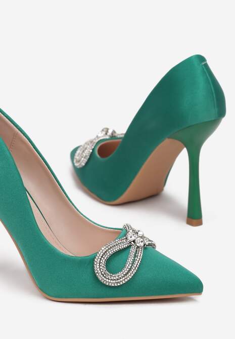Zielone Wysokie Szpilki z Biżuteryjną Kokardką i Cyrkoniami Chine