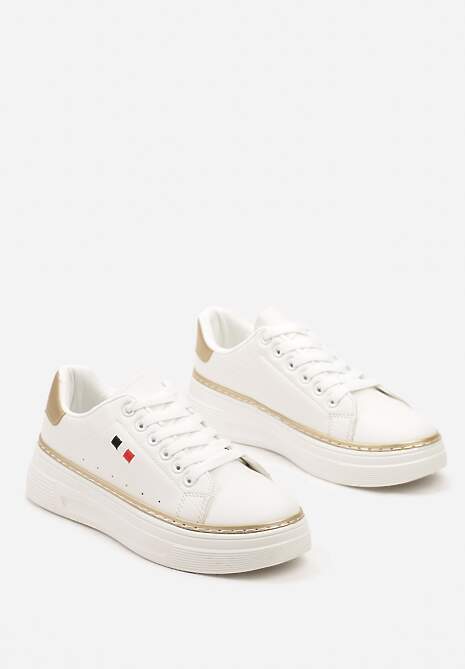 Biało-Beżowe Sznurowane Sneakersy na Płaskiej Podeszwie z Lamówką Fedat