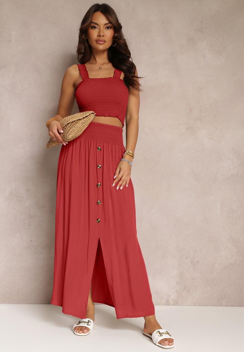 Czerwony 2-częściowy Bawełniany Komplet z Długą Spódnicą i Elastycznym Topem Diomastis