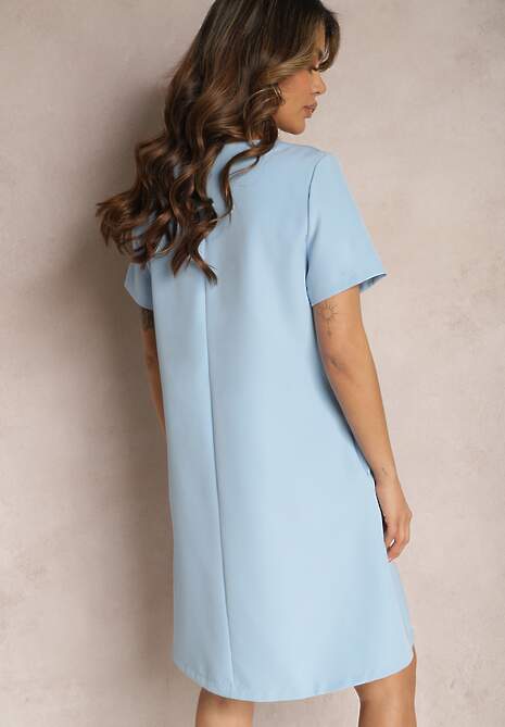Niebieska Trapezowa Sukienka Mini z Krótkim Rękawem i Kieszeniami Vrea