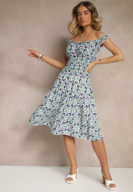 Biało-Niebieska Bawełniana Sukienka z Guzikami o Rozkloszowanym Kroju w Kwiatowy Print Roniselle