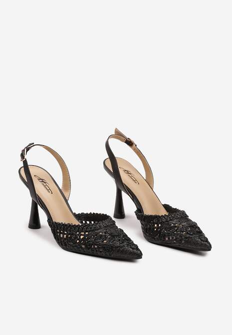 Czarne Sandały Slingback na Klepsydrowej Szpilce ze Szpiczastym Noskiem z Plecionki Ucemia