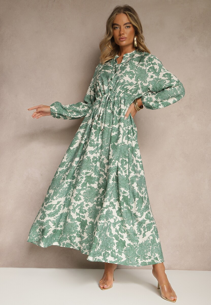 Zielona Kwiecista Sukienka z Wiskozą o Rozkloszowanym Kroju Filennea
