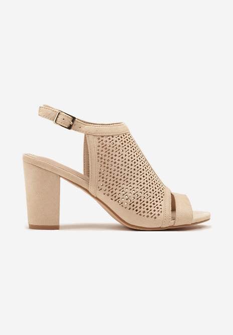 Beżowe Sandały Vices na Słupku z Ażurową Cholewką i Skórzaną Wkładką Saramiae