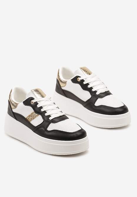 Czarno-Białe Sneakersy z Ekoskóry za Kostkę ze Sznurowaniami Zdobione Perforacją Raviana