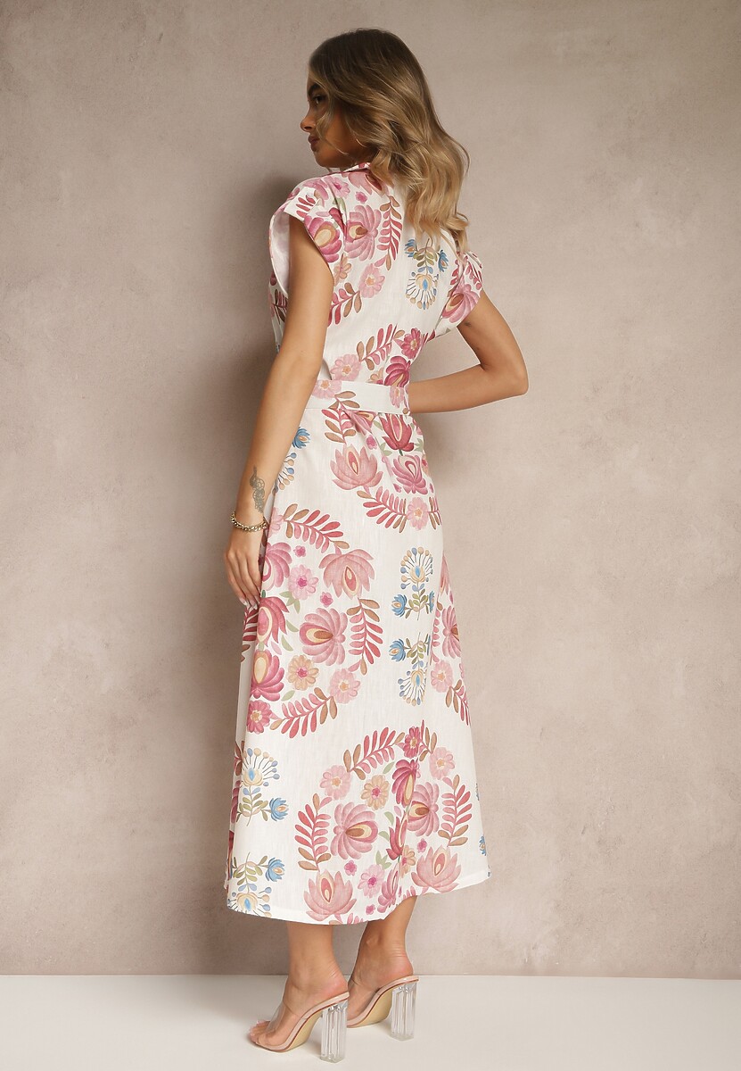 Różowa Koszulowa Sukienka z Wiskozą z Dodatkowym Paskiem Nitapinia