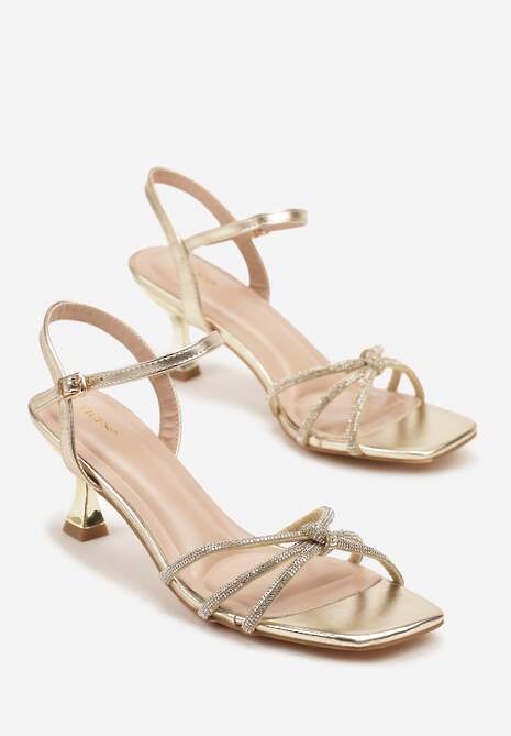 Złote Sandały Vices na Obcasie Typu Kaczuszka Ozdobione Cyrkoniami Lumariane