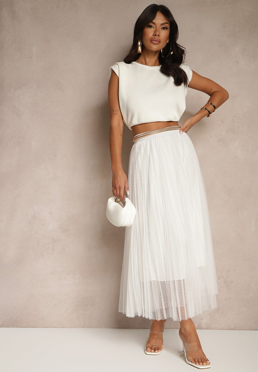 Biała Rozkloszowana Spódnica z Tiulu w Kropki Folemia