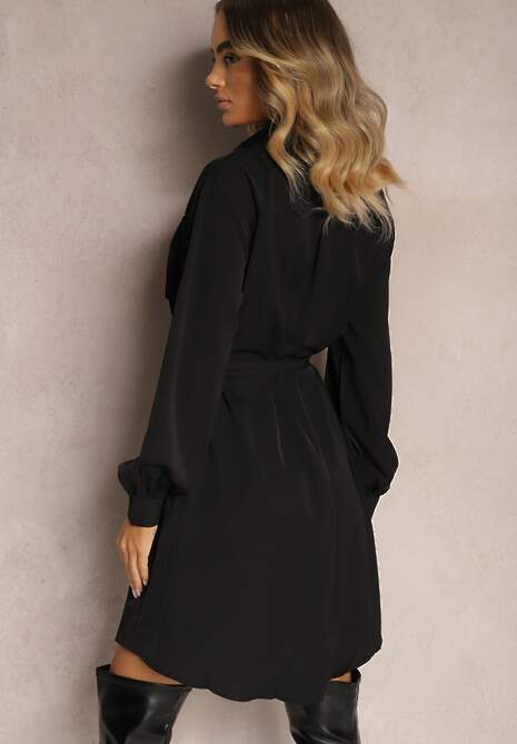 Czarna Sukienka o Koszulowym Fasonie Utility z Bufiastymi Rękawami Wiązana w Pasie Emianna